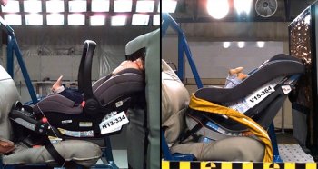 Image from Consumer Reports - showing dummy's head hitting the blocker when seated in the Graco Snug Ride 40 (rear-facing only seat) but not when in a convertible seat with a taller shell height